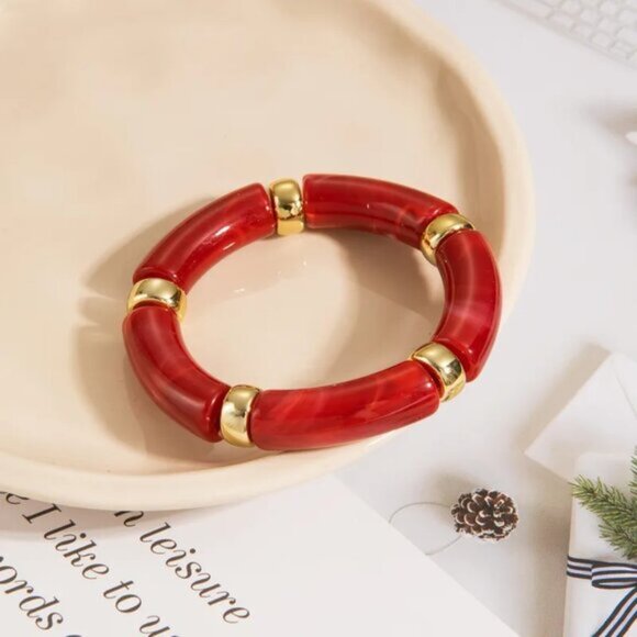 Acrylic Bangle Bracelet Gold Tone Spacers Stretch Red Fits 7" Wrist New - Picture 10 of 10
